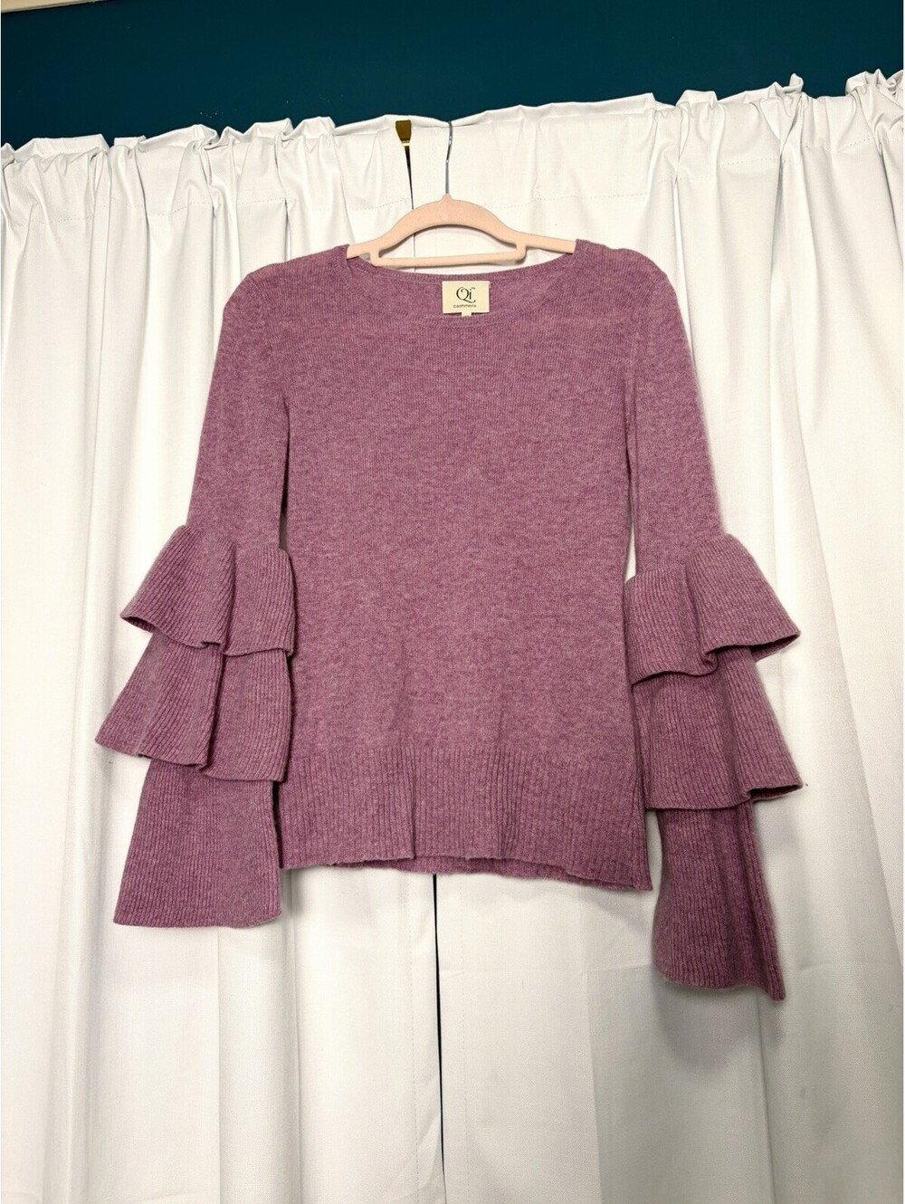 Qi Cashmere Pink Crew Neck Ruffle Bell Layered Sleeve Sweater. XS Retail $278